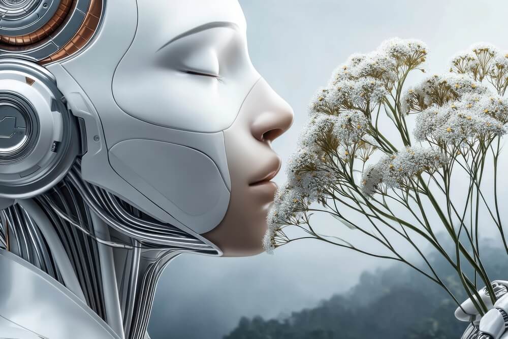 AGI (Artificial General Intelligence) - Robot AI trzymający białe kwiaty krwawnika i wąchający je, z zamkniętymi oczami i wiatrem wiejącym mu w twarz