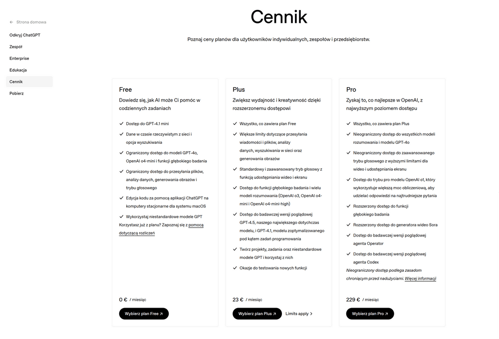 Cennik ChatGPT OpenAI - lipiec 2025