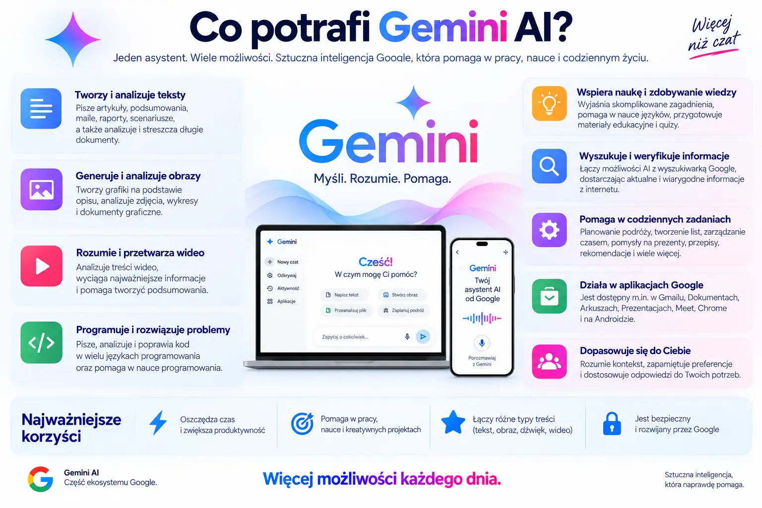 Co potrafi Gemini AI – infografika przedstawiająca możliwości Google Gemini w pracy z tekstem, obrazami, wideo, kodem i informacjami. Źródło grafiki: Techoteka.pl, opracowanie własne.