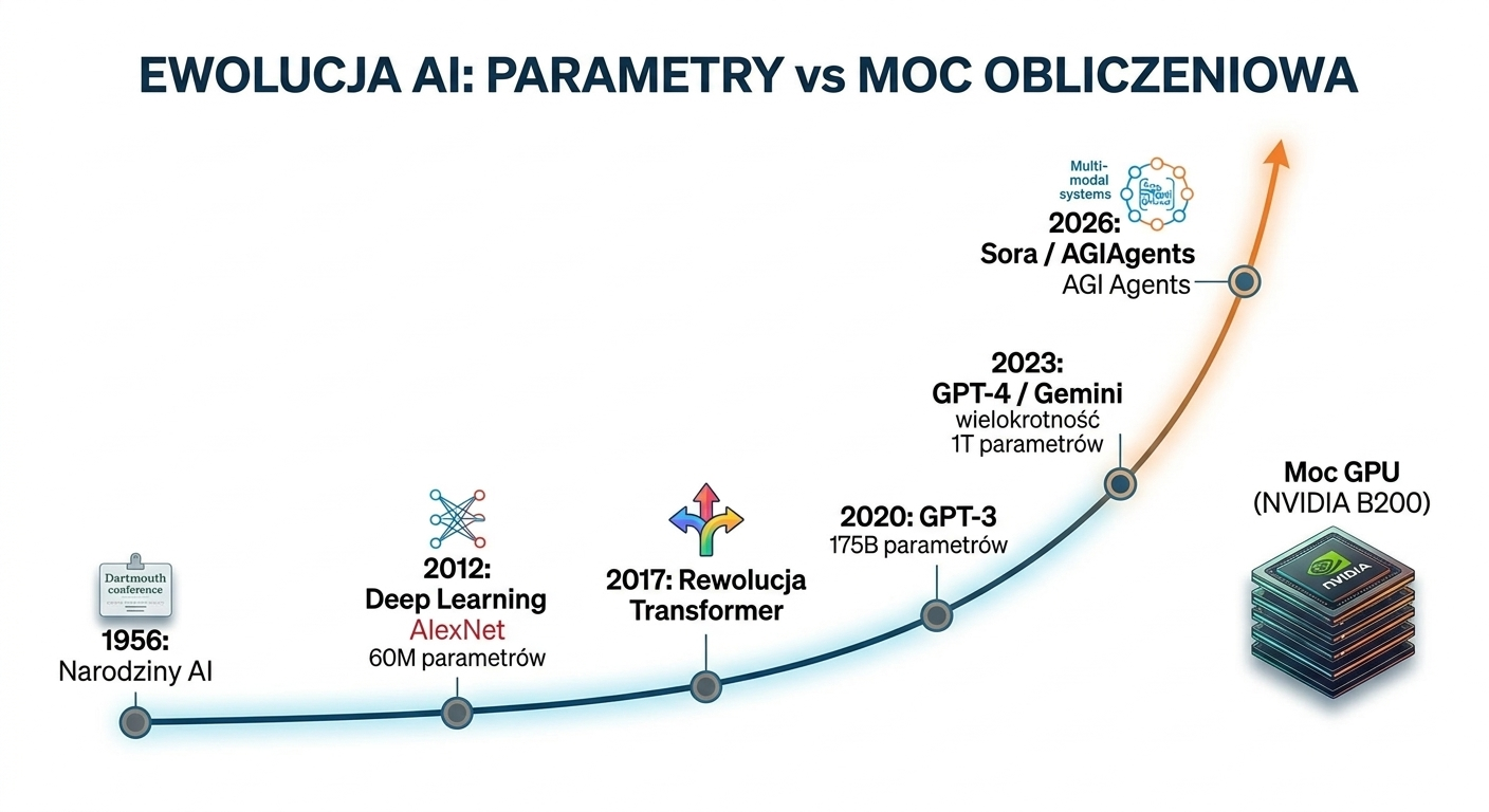 Ewolucja sztucznej inteligencji 1956-2026 - wykres wzrostu parametrów modeli LLM i mocy obliczeniowej GPU