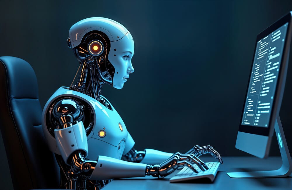 Futurystyczny robot humanoidalny siedzi przy biurku i korzysta z komputera. Sztuczna inteligencja, uczenie maszynowe