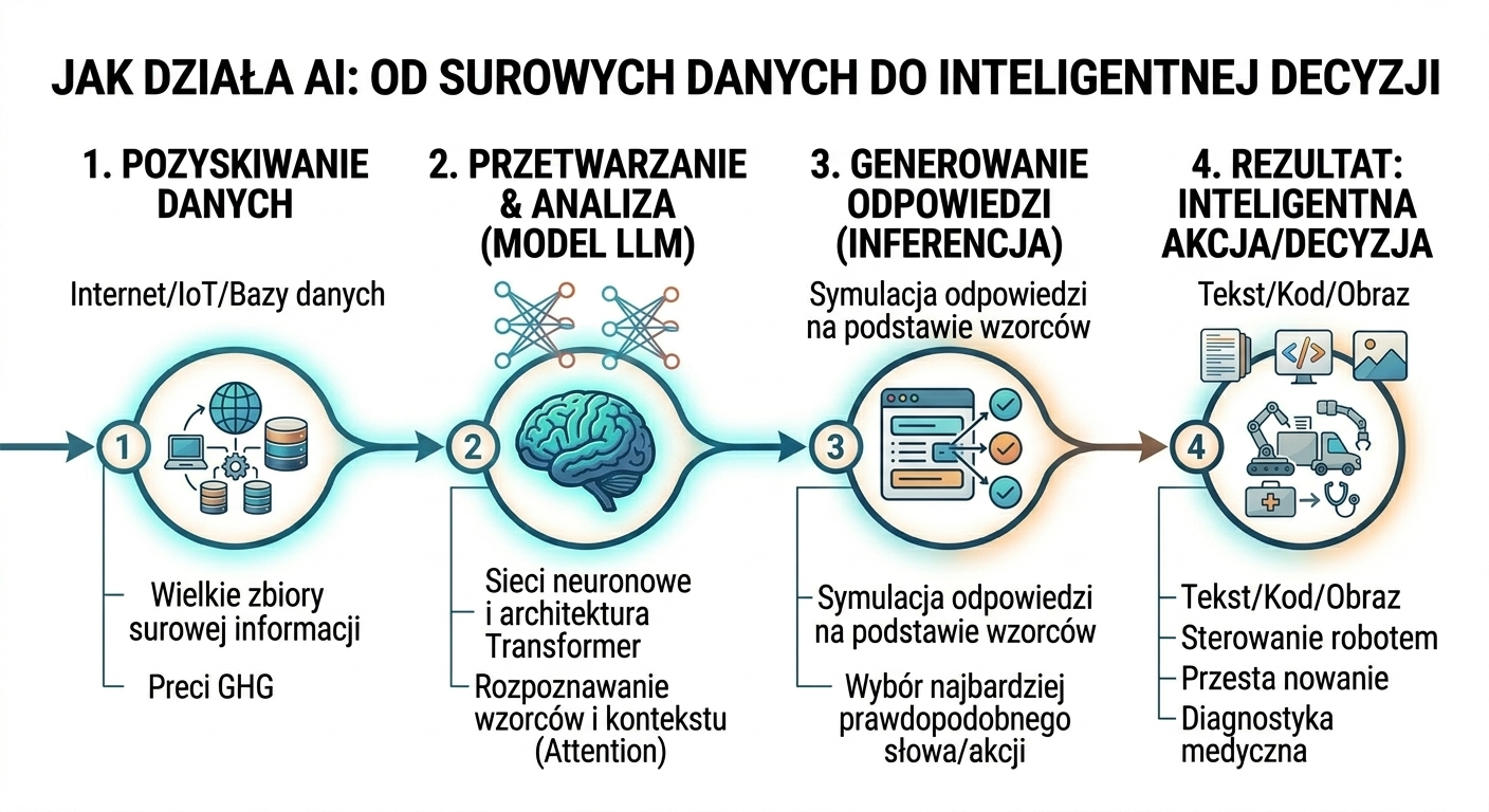Jak działa sztuczna inteligencja: infografika przedstawiająca potok danych od pozyskania surowej informacji z internetu, przez analizę neuronową modelu LLM (Transformer), aż po generowanie inteligentnej decyzji