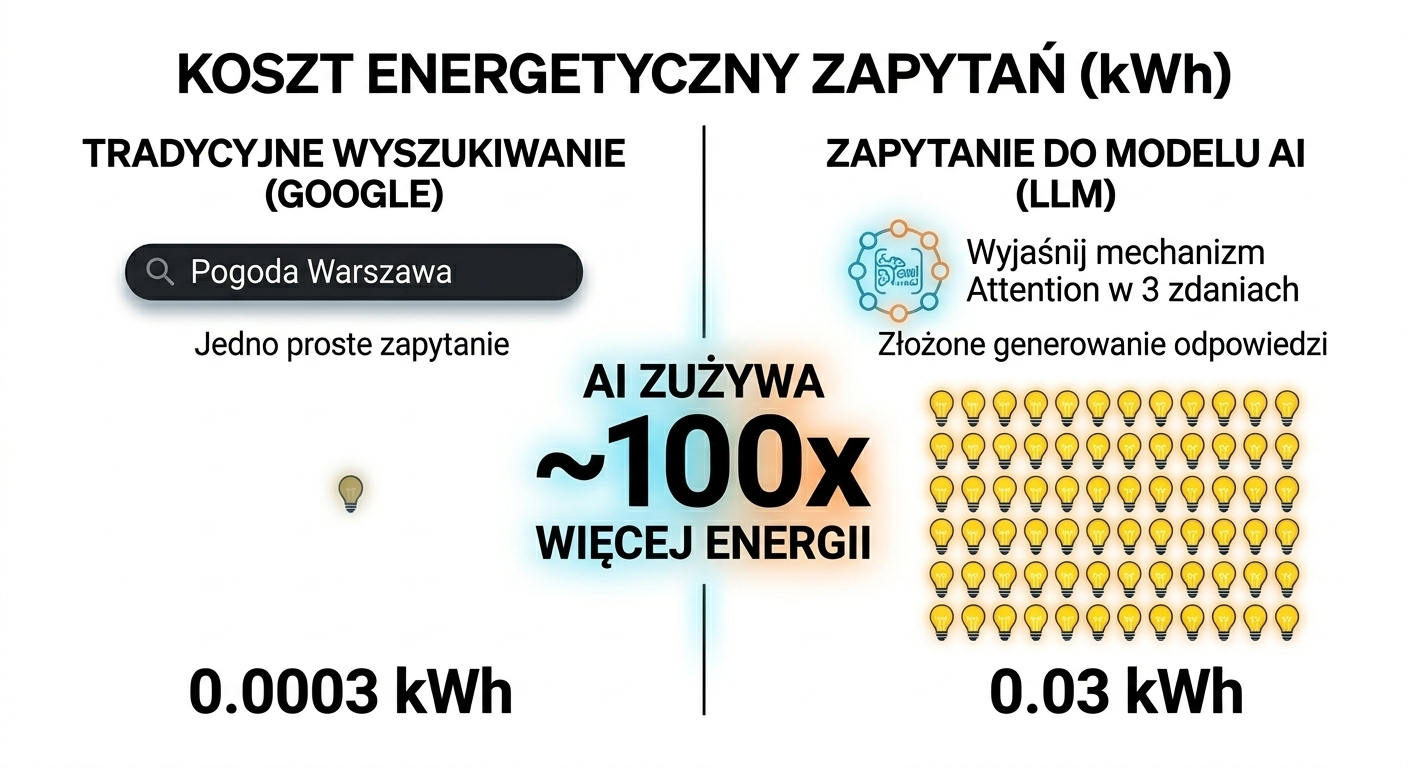 Porównanie kosztów energetycznych zapytania do AI i Google: wykres pokazujący, że model LLM zużywa 0,03 kWh, czyli 100 razy więcej energii niż tradycyjne wyszukiwanie