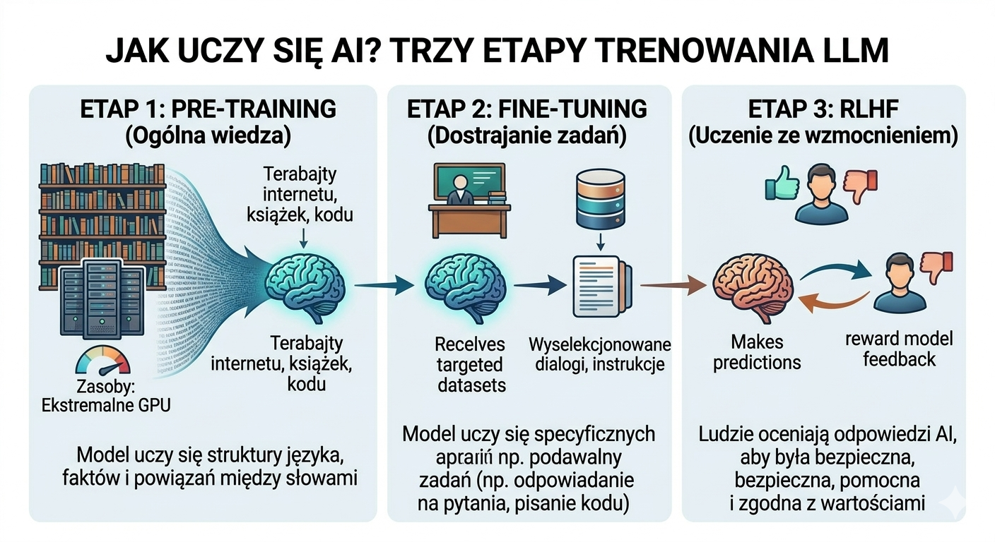 Proces trenowania modelu LLM: etapy Pre-training, Fine-tuning oraz RLHF (uczenie ze wzmocnieniem na podstawie opinii ludzi)