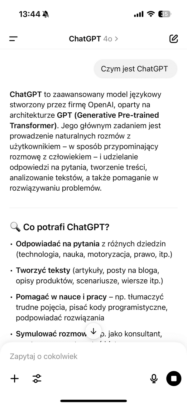 Przykład - odpowiedź na pytanie - czym jest ChatGPT w ChatGpt 4.0