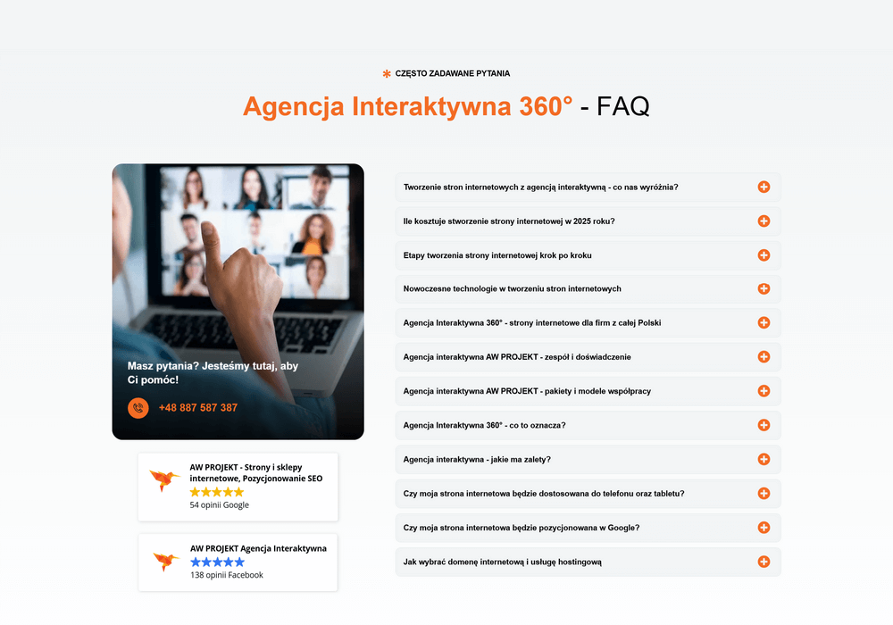 Przykład prawidłowo wdrożonej sekcji FAQ na stronie internetowej