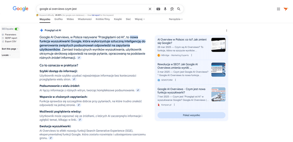 Przykład wyniku wyszukiwania w Google AI Overviews na komputerze