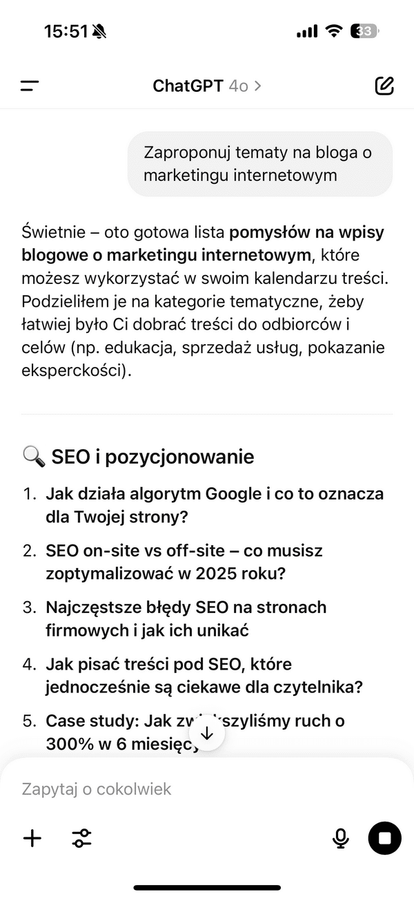 Sztuczna inteligencja (AI) - ChatGPT - pytanie - odpowiedź - tematy na bloga o marketingu internetowym