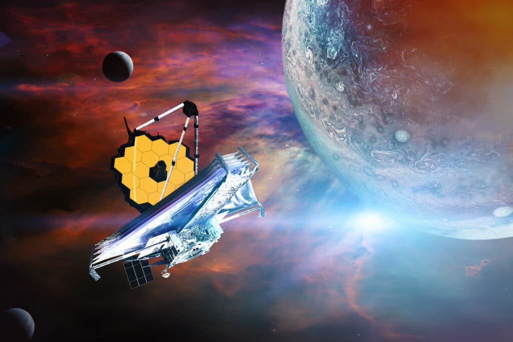 Teleskop Jamesa Webba bada przestrzeń kosmiczną. Grafika startu JWST. Elementy tego obrazu dostarczone przez NASA
