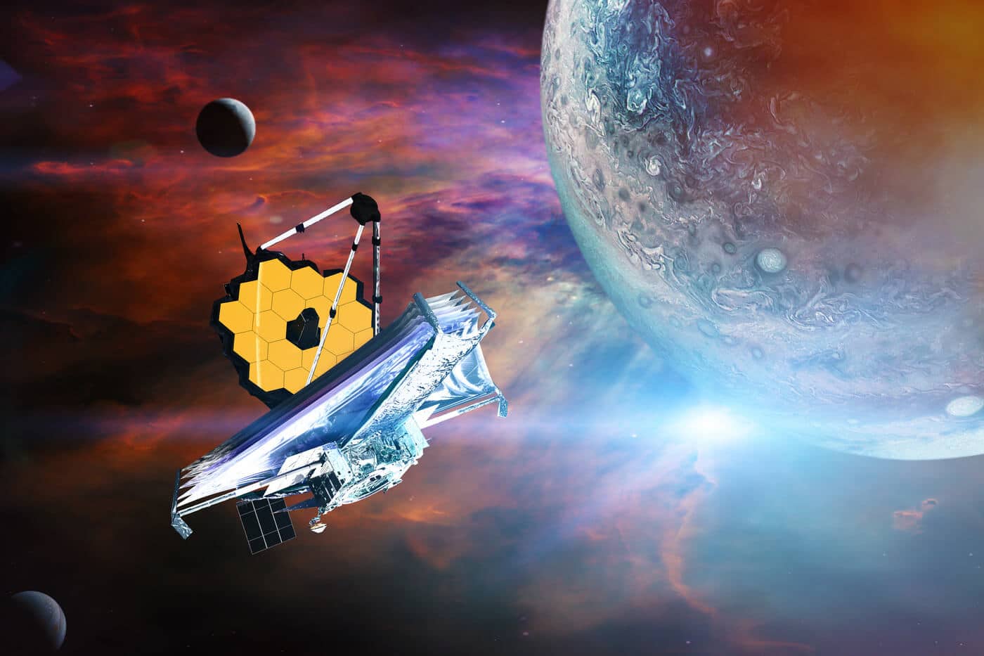 Teleskop Jamesa Webba bada przestrzeń kosmiczną. Grafika startu JWST. Elementy tego obrazu dostarczone przez NASA