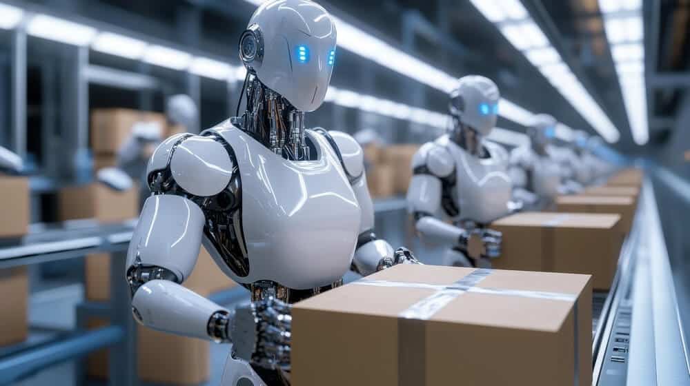 Zaawansowana linia montażowa robotyki, w której humanoidalne roboty pakują pudełka w nowoczesnym magazynie - Sztuczna inteligencja i nowoczesne technologie