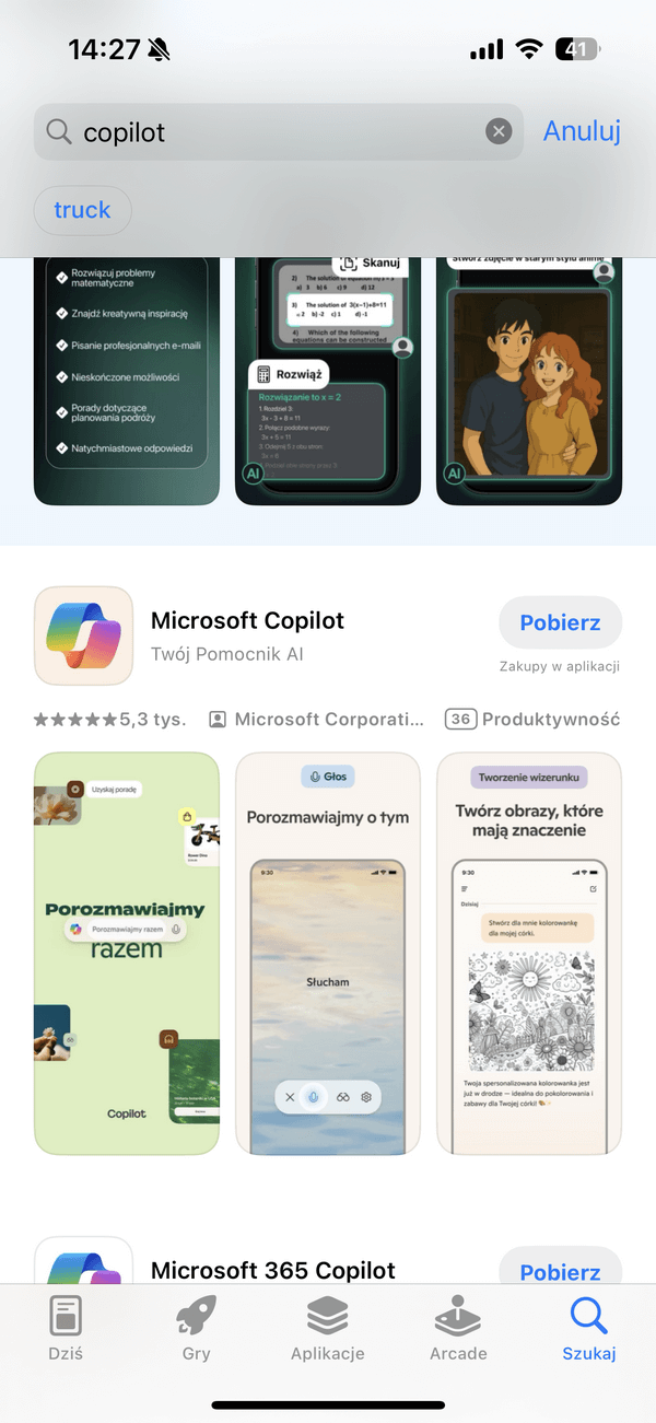 Asystent AI Microsoft Copilot na telefon