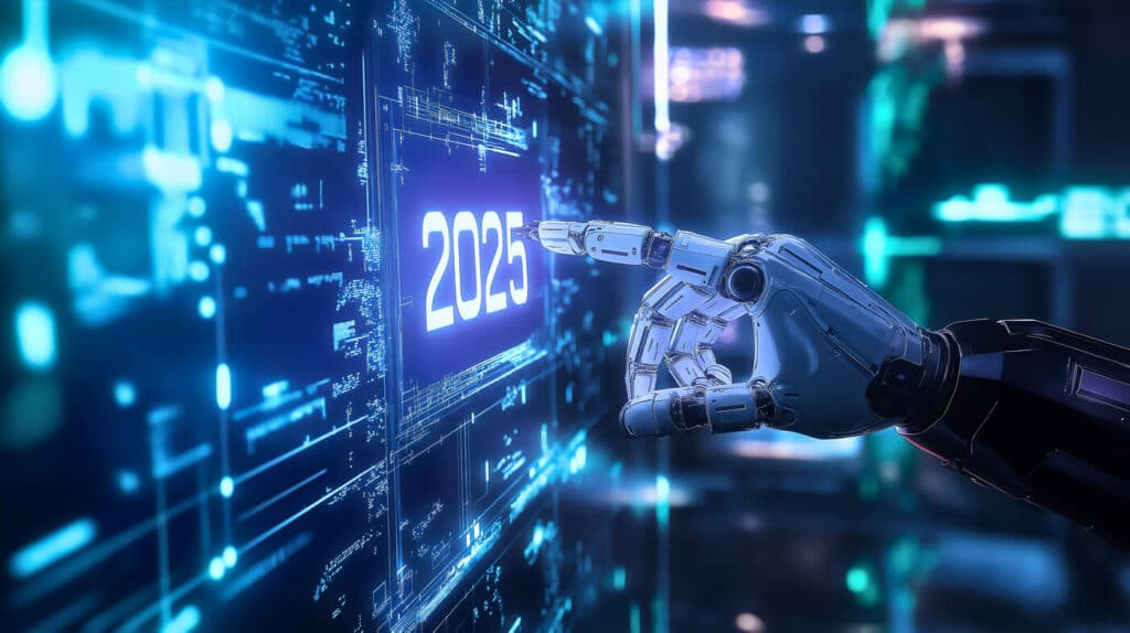 Trendy technologiczne 2025, futurystyczna wizja innowacji i sztucznej inteligencji AI, podkreślająca rolę robotów i technologii, rozwój maszyn w nowym roku