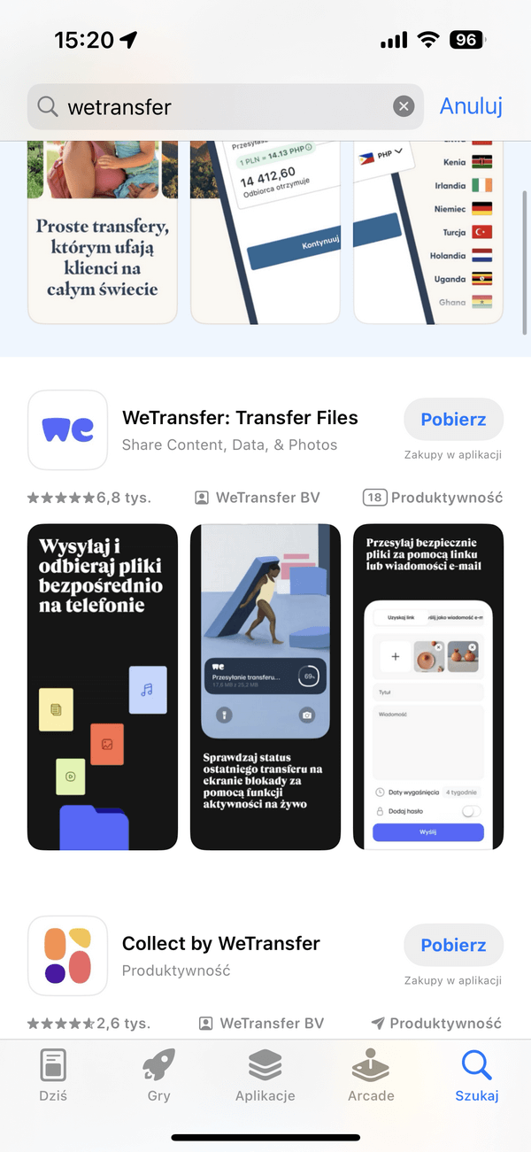 V Transfer - Aplikacja mobilna WeTransfer