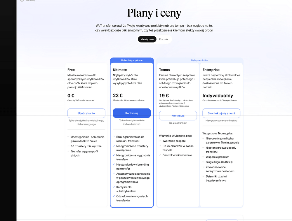 V Transfer (WeTransfer) plany i ceny 2026 – Free, Ultimate, Teams i Enterprise porównanie