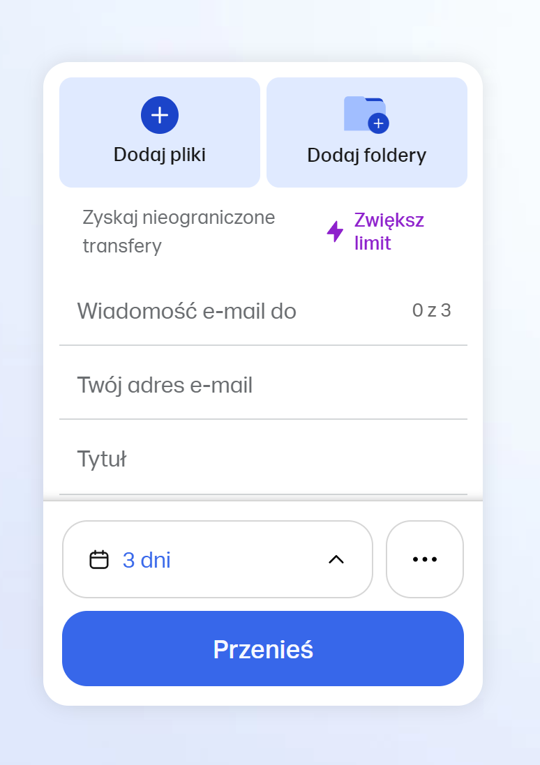 WeTransfer – formularz wysyłania plików i folderów z transferem ważnym 3 dniŹródło: WeTransfer