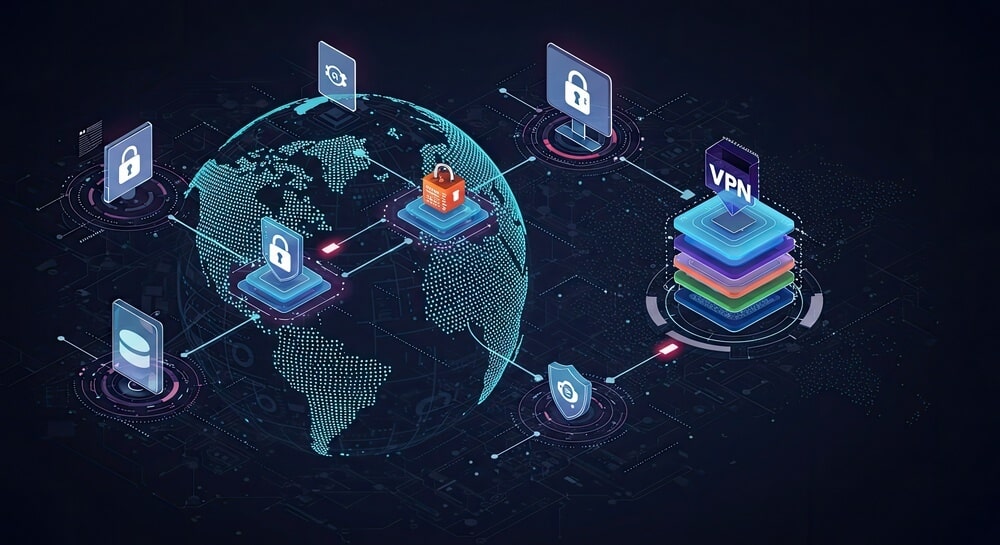 Zaawansowana koncepcja cyberbezpieczeństwa pokazująca bezpieczną ochronę danych za pośrednictwem połączeń VPN i modeli bezpieczeństwa Zero Trust. Reprezentuje solidne bezpieczeństwo sieci i obronę IT