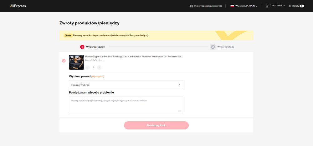 AliExpress – formularz zwrotu produktu i zgłoszenia reklamacji w panelu użytkownika