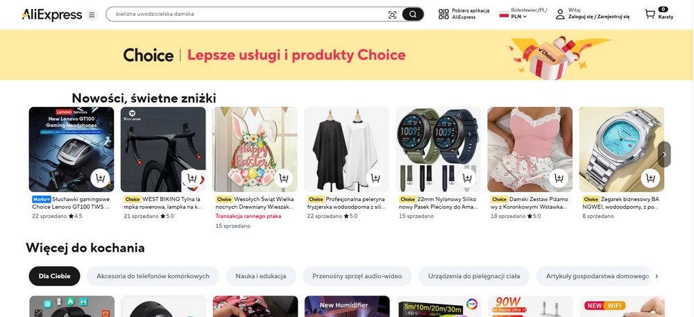 AliExpress – sekcja Choice z nowościami i promocjami produktów w 2026 roku