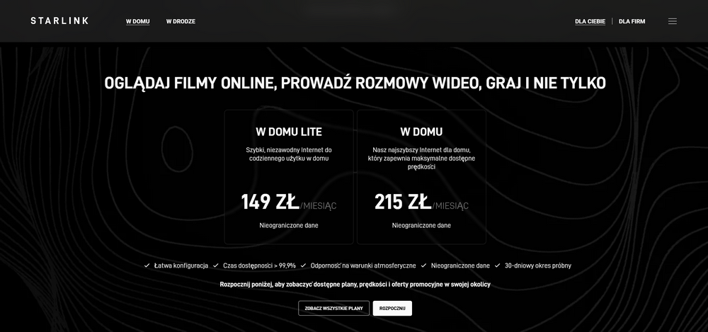 Cennik Starlink w Polsce 2026 – plany W domu Lite i W domu z nielimitowanymi danymi.