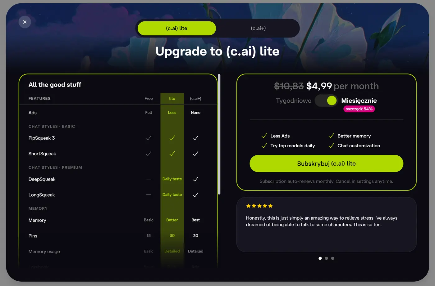 Character AI – plan c.ai lite za 4,99 USD miesięcznie i porównanie funkcjiŹródło: Character.AI