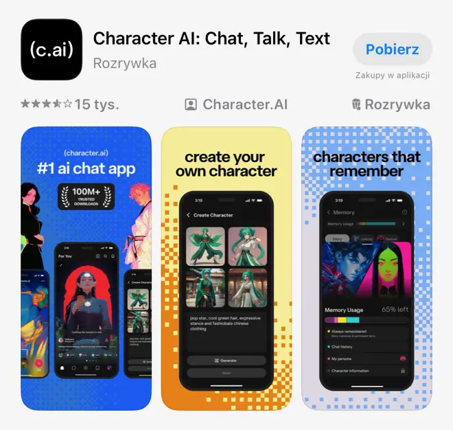 Character AI na iPhone – aplikacja mobilna do rozmów z postaciami AIŹródło: App Store / Character.AI