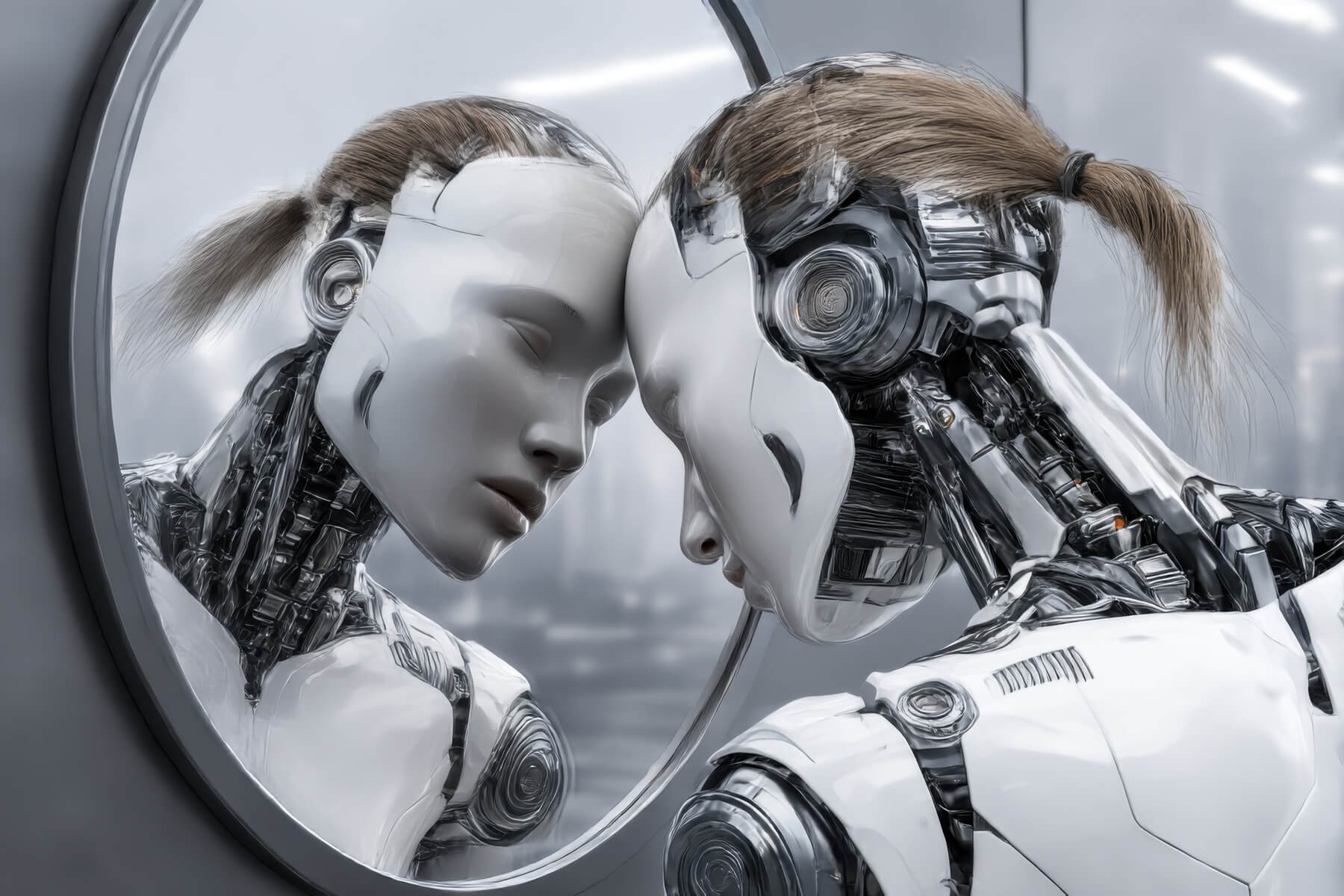 Humanoidalny robot opierający głowę o lustro – czy sztuczna inteligencja (AI) może mieć świadomość i zdolność autorefleksji