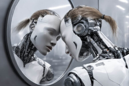 Humanoidalny robot opierający głowę o lustro – czy sztuczna inteligencja (AI) może mieć świadomość i zdolność autorefleksji