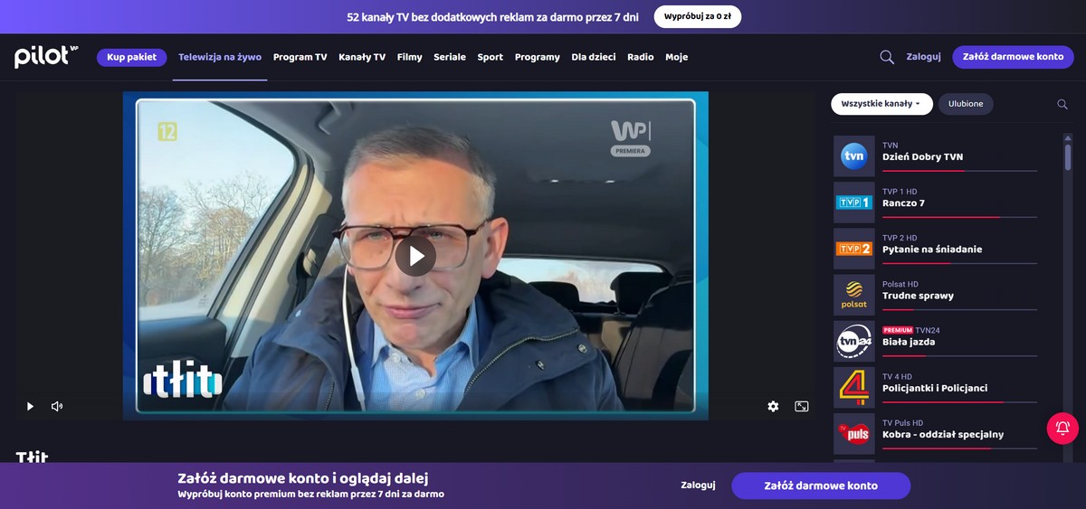 Interfejs WP Pilot z transmisją na żywo i listą kanałów – telewizja internetowa za darmo