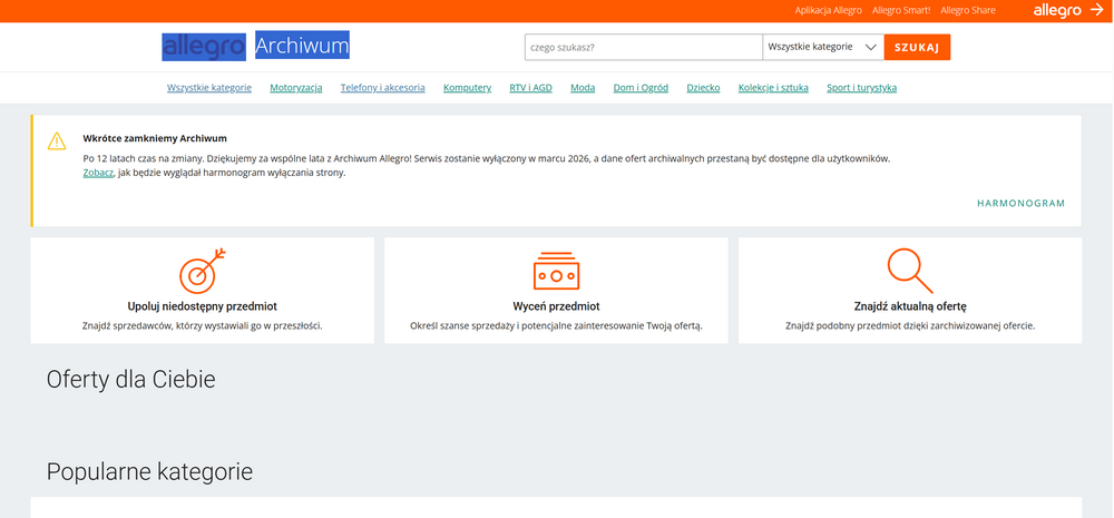 Komunikat Allegro o zamknięciu Archiwum Allegro w marcu 2026 i wyłączeniu dostępu do archiwalnych ofert