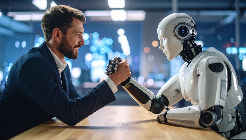 Mężczyzna i robot humanoidalny walczący na rękę, symbolizujący rywalizację między inteligencją człowieka i maszyny
