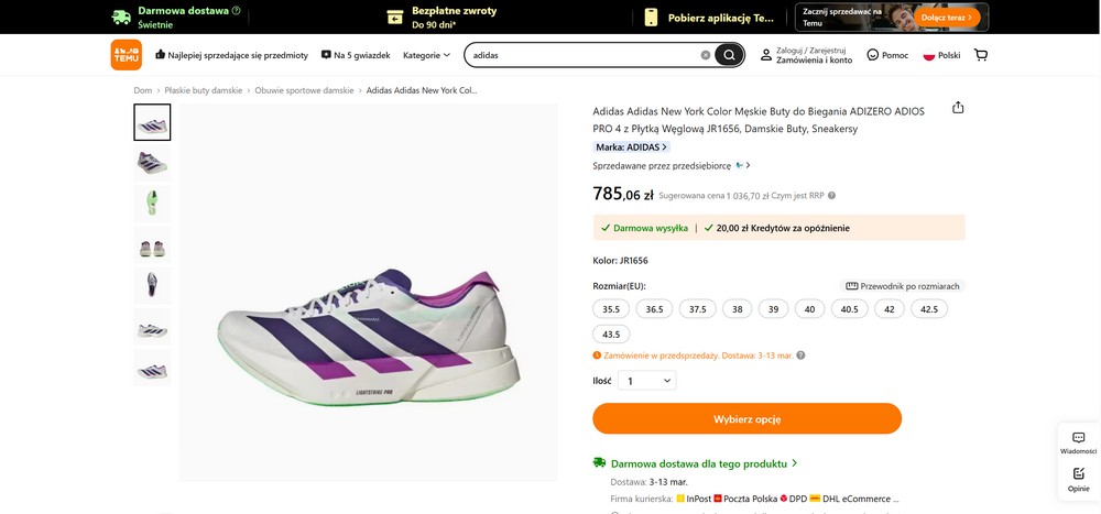 Oferta markowych butów sportowych na Temu – strona produktu z ceną i opisem