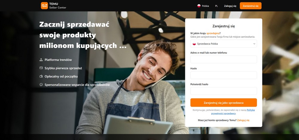 Panel rejestracji sprzedawcy w Temu Seller Center – formularz zakładania konta sprzedażowego w 2026 roku