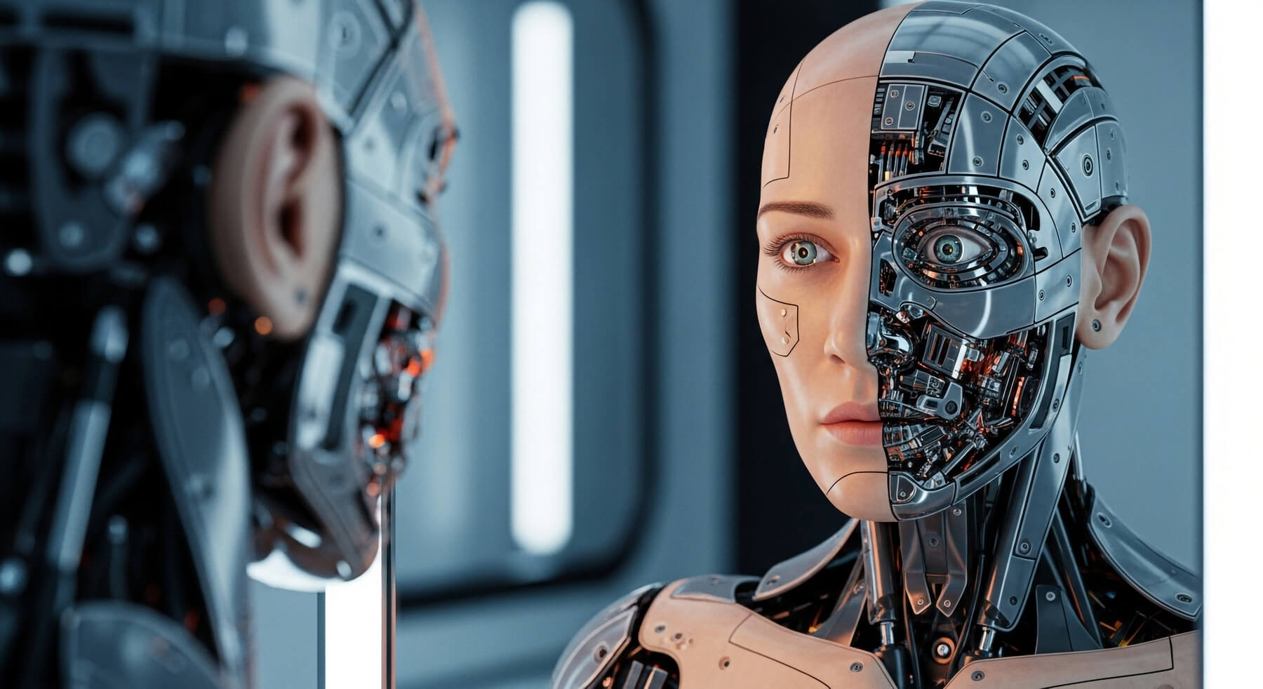 Robot humanoidalny z twarzą częściowo ludzką i częściowo maszynową patrzący w lustro – czy sztuczna inteligencja (AI) może mieć świadomość i poczucie własnego „ja”