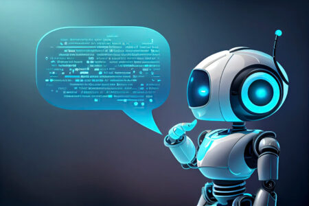 Rozmowa z chatem GPT – eksperyment redakcji: pytamy AI o przyszłość, wojnę, pracę i człowieka Rozmowa z chatem GPT – futurystyczny robot prowadzący dialog w cyfrowej chmurze danych, symbol interakcji człowieka ze sztuczną inteligencją