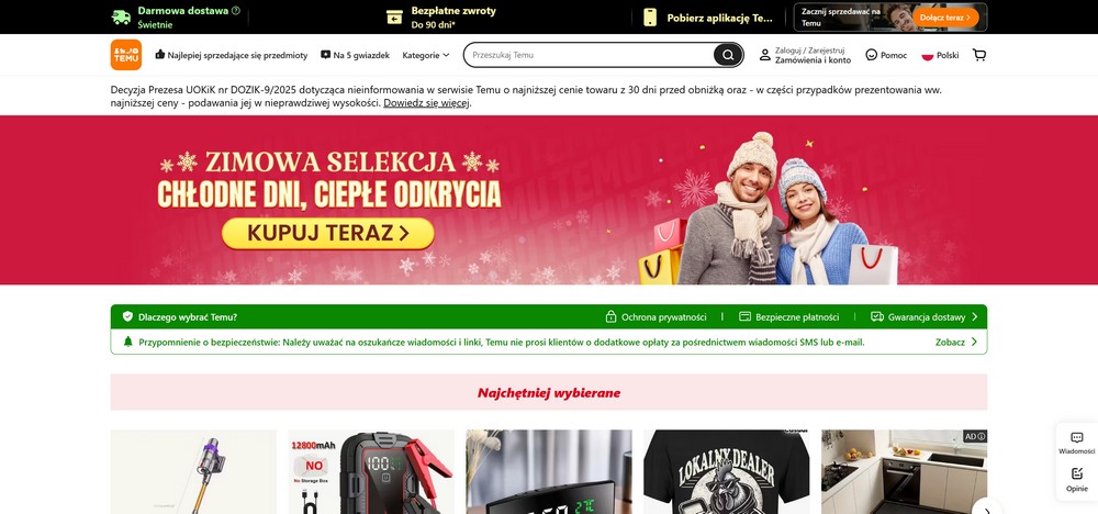 Temu Polska – strona główna z zimową selekcją i promocjami