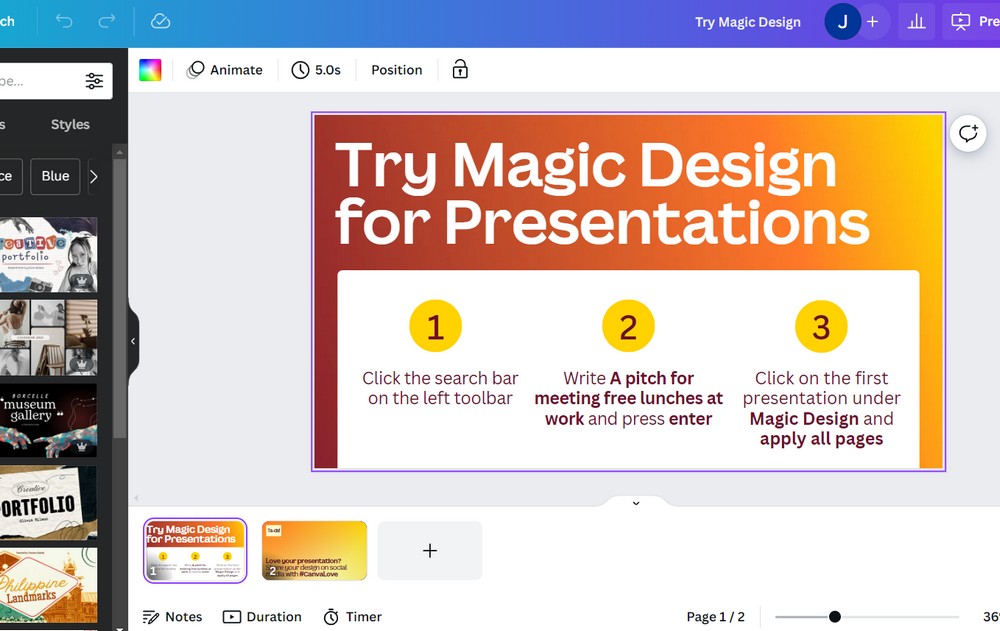 Canva Magic Design – generator prezentacji AI tworzący slajdy automatycznie na podstawie wpisanego tematu (interfejs edytora Canva)