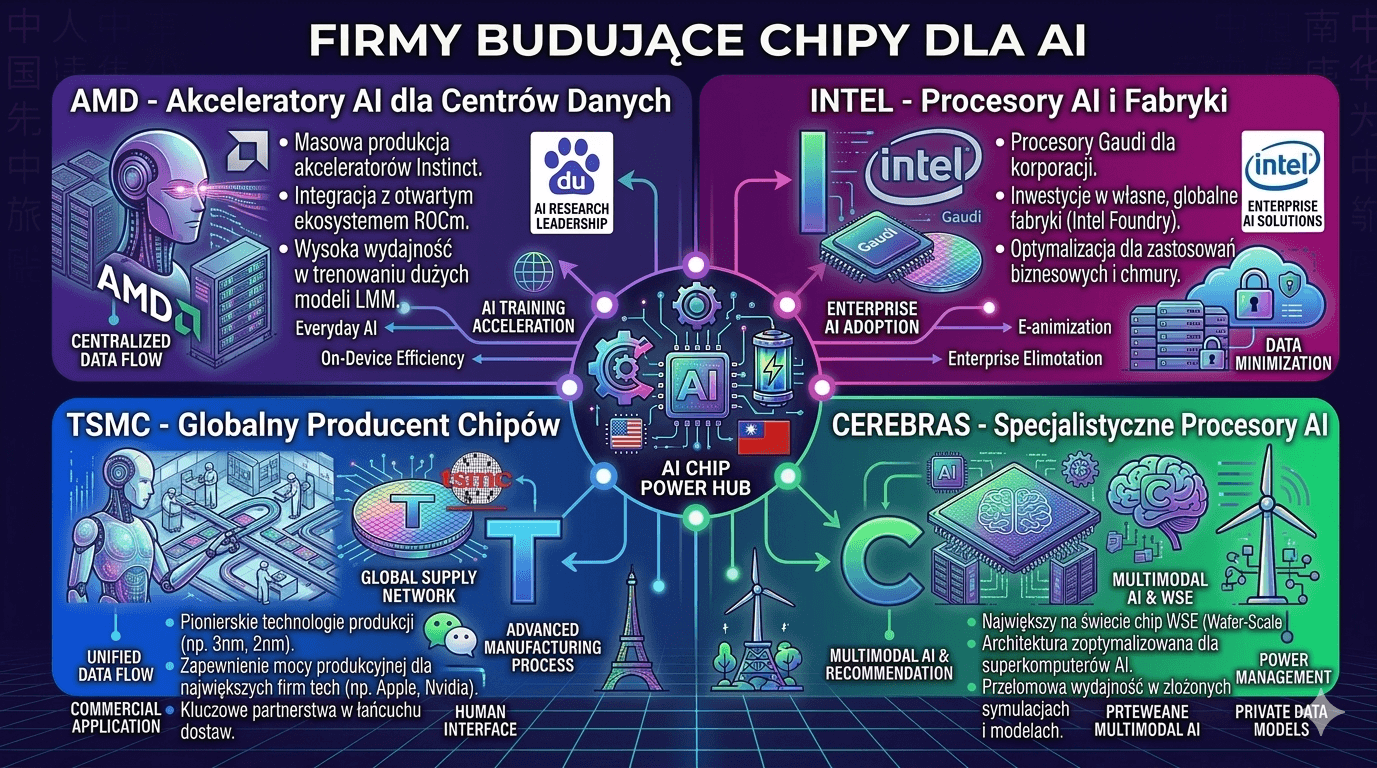 Infografika: najważniejsze firmy budujące chipy dla sztucznej inteligencji – AMD, Intel, TSMC i Cerebras oraz ich technologie dla centrów danych i superkomputerów AI.