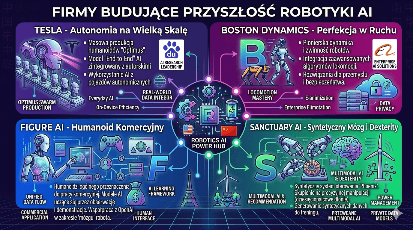 Infografika: najważniejsze firmy rozwijające roboty humanoidalne i robotykę AI – Tesla Optimus, Boston Dynamics, Figure AI i Sanctuary AI