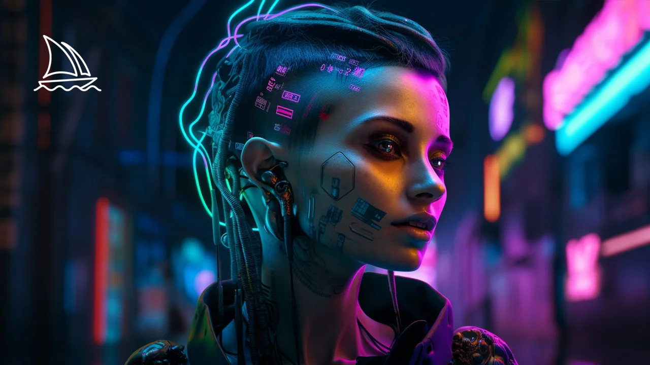 Futurystyczny portret kobiety w stylu cyberpunk wygenerowany przez Midjourney – przykład możliwości narzędzi AI do generowania obrazów