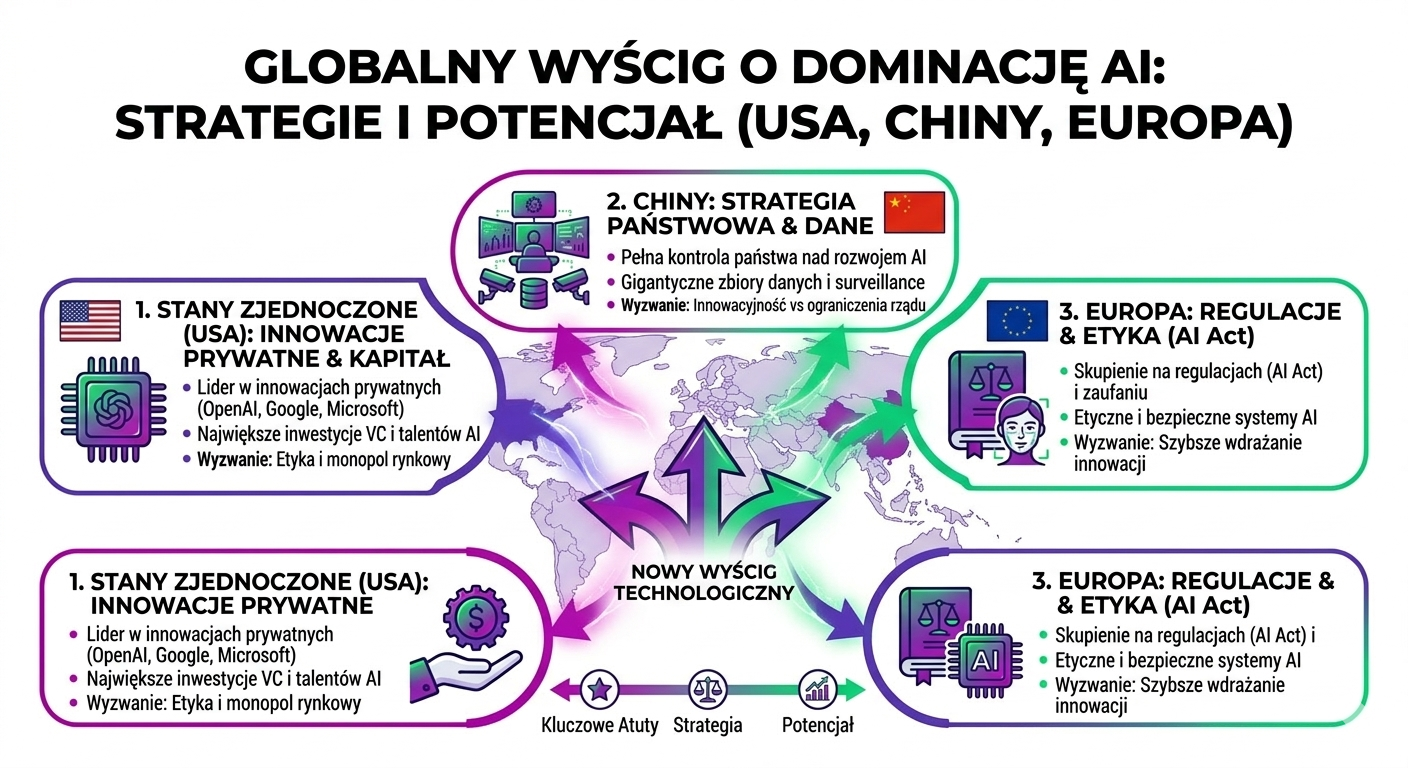 Infografika pokazująca globalny wyścig o dominację w AI między USA, Chinami i Europą – strategie technologiczne, kapitał inwestycyjny, dane oraz regulacje sztucznej inteligencji
