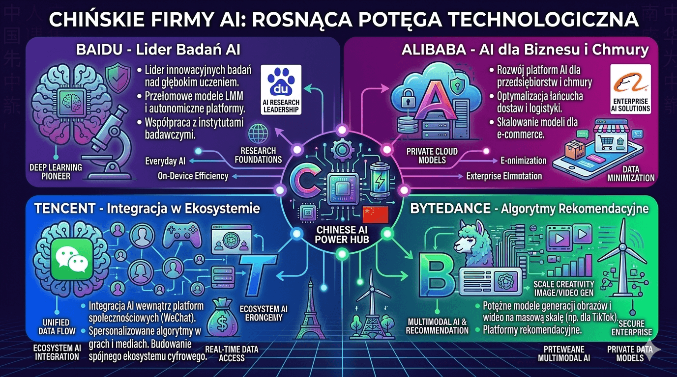 Infografika: największe firmy sztucznej inteligencji w Chinach – Baidu, Alibaba, Tencent i ByteDance oraz ich strategie rozwoju AI i algorytmów rekomendacji.