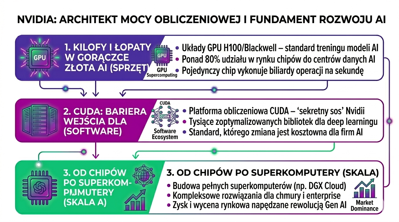 Infografika pokazująca dlaczego NVIDIA jest fundamentem rynku AI – dominacja GPU H100 i Blackwell, ekosystem CUDA oraz infrastruktura superkomputerów dla trenowania modeli sztucznej inteligencji