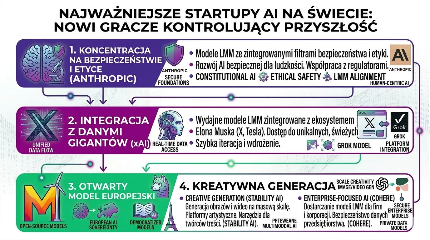 Infografika pokazująca kluczowe startupy sztucznej inteligencji – Anthropic (bezpieczeństwo AI), xAI i model Grok, europejski Mistral AI oraz generatywne platformy Stability AI i Cohere dla biznesu