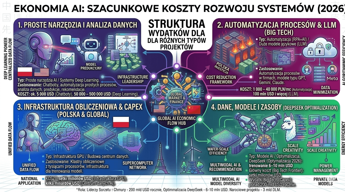 Infografika pokazująca koszty rozwoju sztucznej inteligencji w 2026 roku – od prostych narzędzi AI i chatbotów po duże modele językowe LLM, centra danych i infrastrukturę GPU