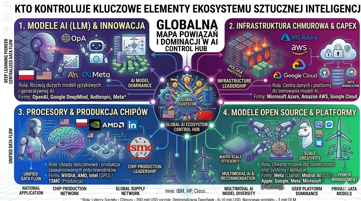 Infografika pokazująca kto kontroluje kluczowe elementy ekosystemu AI – firmy rozwijające modele LLM, infrastrukturę chmurową, produkcję chipów oraz platformy open source