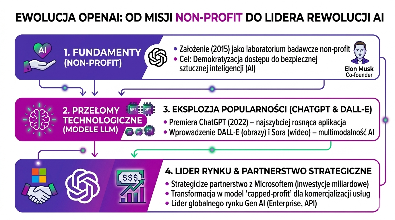 Infografika pokazująca rozwój OpenAI – od laboratorium non-profit do globalnego lidera sztucznej inteligencji dzięki modelom GPT, ChatGPT, DALL-E, Sora oraz współpracy z Microsoft Azure