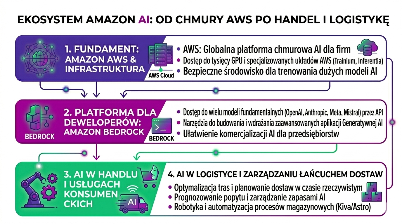 Infografika pokazująca strategię Amazon w sztucznej inteligencji – infrastruktura AWS, platforma Amazon Bedrock dla generatywnej AI oraz wykorzystanie AI w handlu internetowym i logistyce