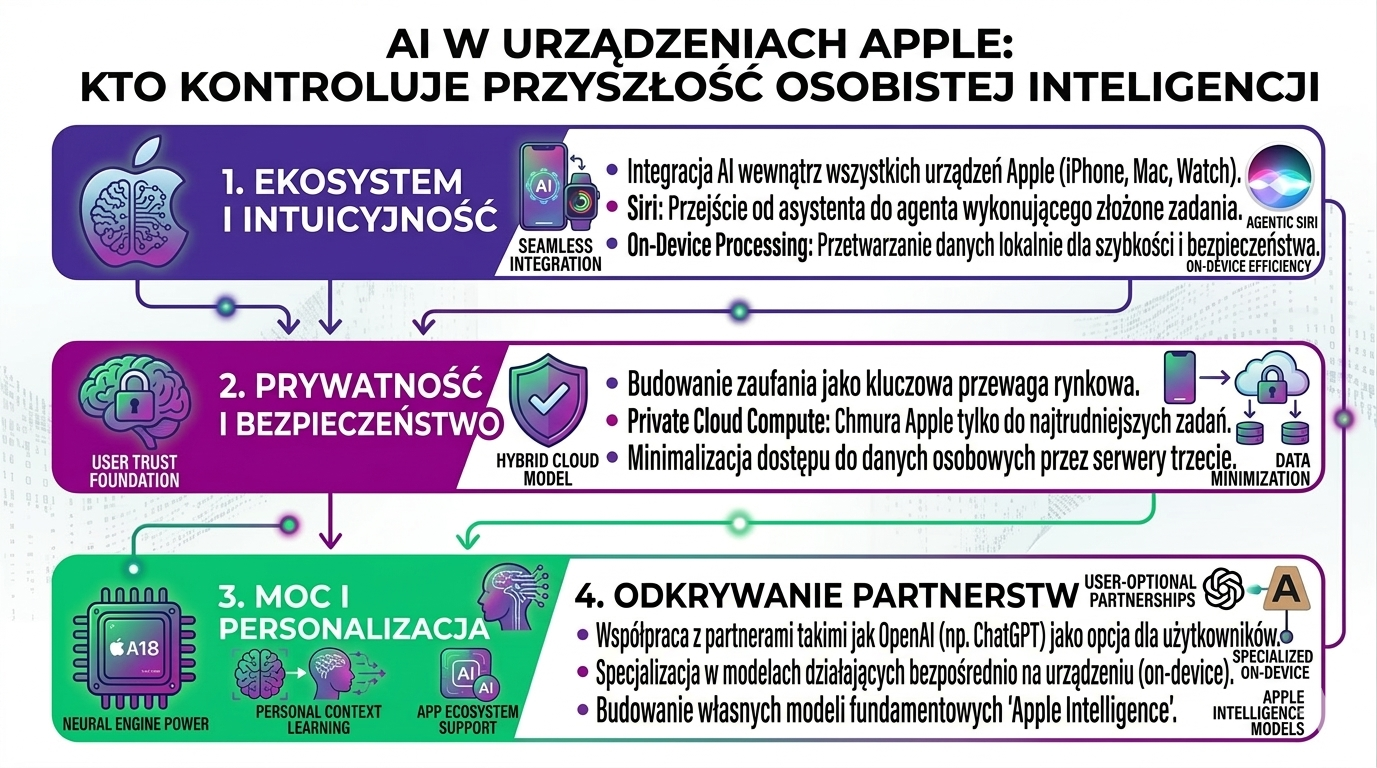 Infografika pokazująca strategię Apple w AI – integrację Apple Intelligence w urządzeniach, przetwarzanie danych na urządzeniu (on-device AI), ochronę prywatności użytkowników oraz współpracę z partnerami takimi jak OpenAI
