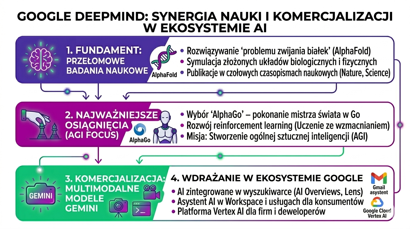 Infografika pokazująca strategię Google DeepMind w sztucznej inteligencji – przełomowe projekty AlphaFold i AlphaGo, modele Gemini oraz integrację AI w wyszukiwarce Google, Workspace i Vertex AI